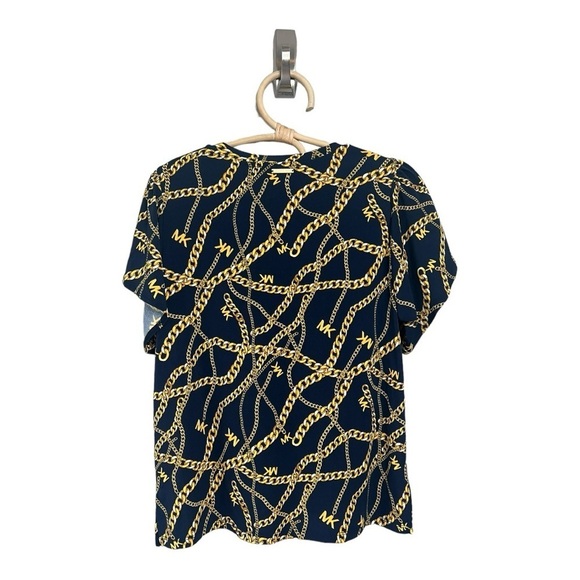 Michael Kors Split Neck Navy Gold Chain Top with Tulip Sleeve Size SP Casual - Picture 8 of 15